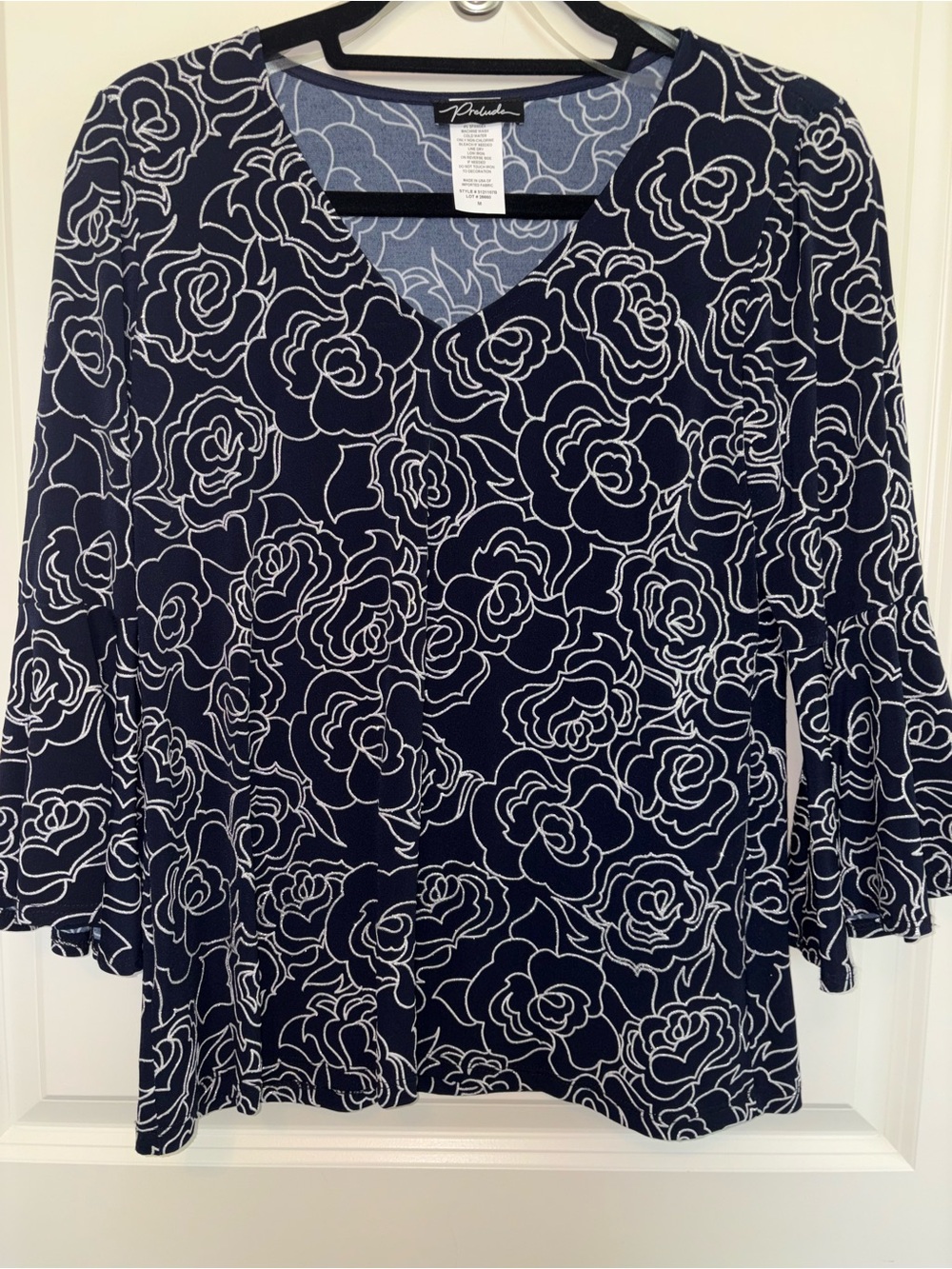 Alfred Dunner Navy and White Floral V-Neck Long Sleeve Top
